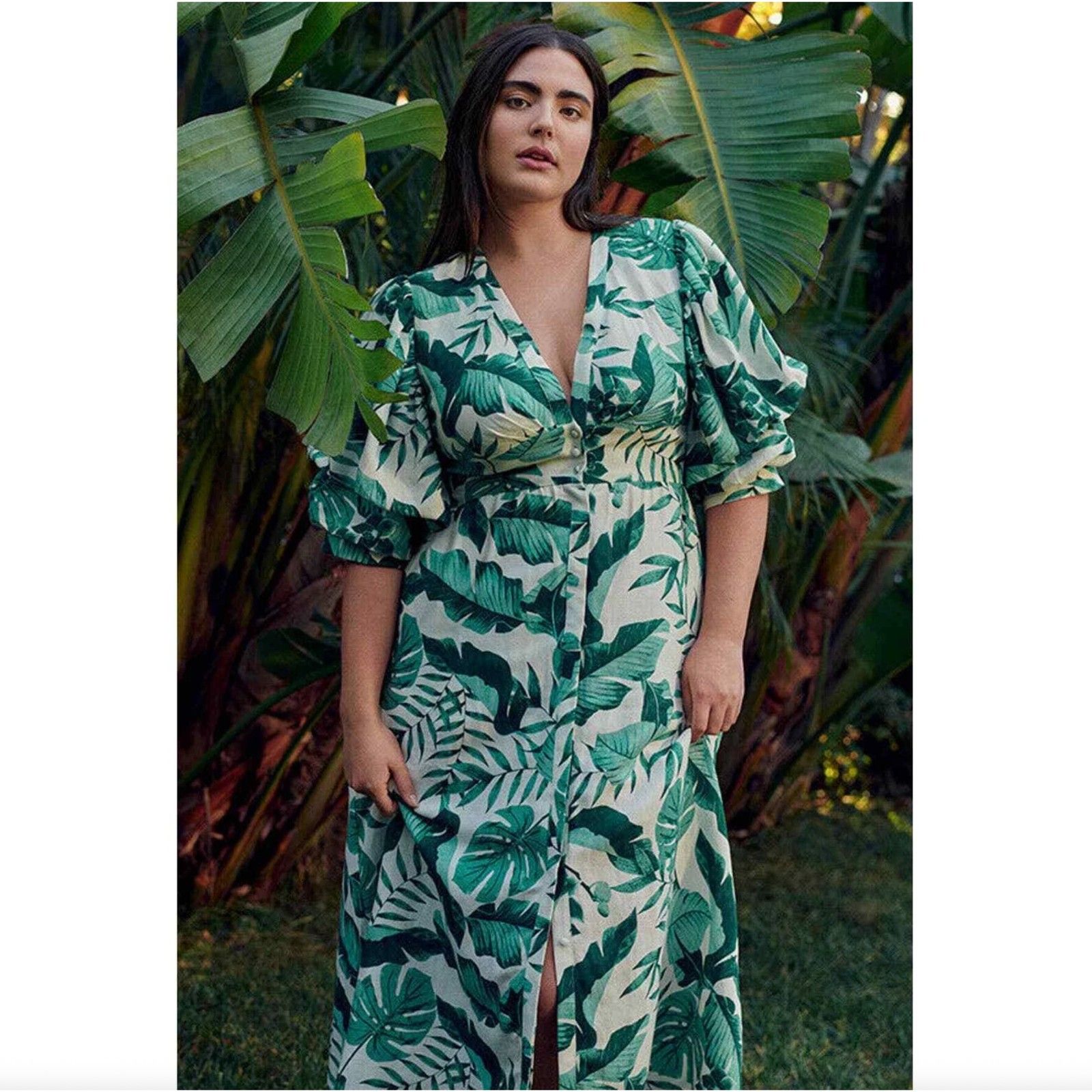 Johanna Ortiz X H&M Leaf Print Linen Blend Dress Large Nwt Tropical Midi — image 3 of 8
